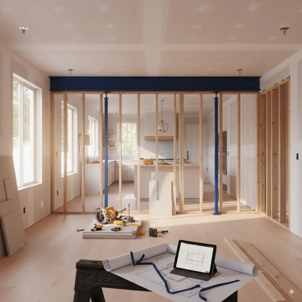 Exposed framing, temporary supports, and a new beam at a residential wall opening