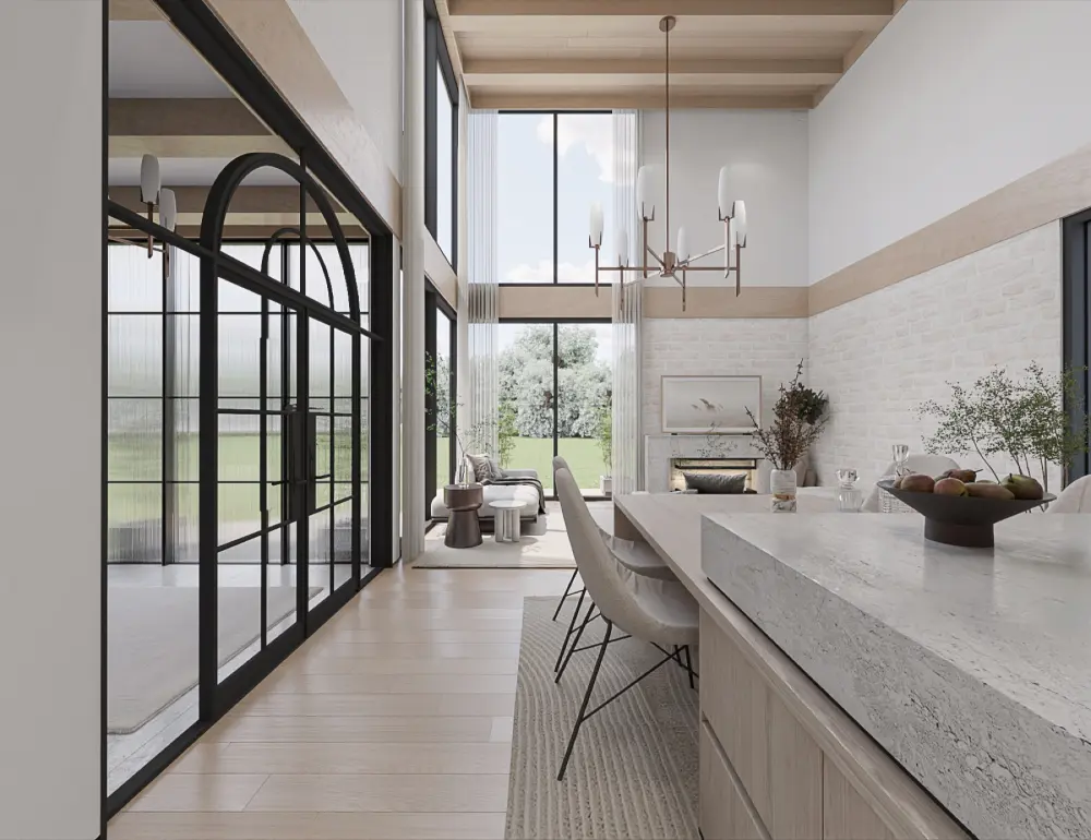 Representative open kitchen and living space used to illustrate a completed home remodel