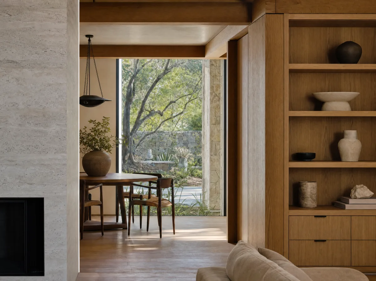 Illustrative concept of a light-filled home interior with wood and stone finishes