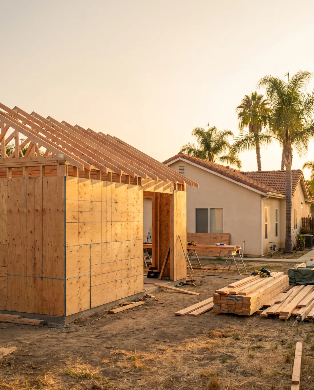 Detached ADU framing and shear walls in a Southern California backyard