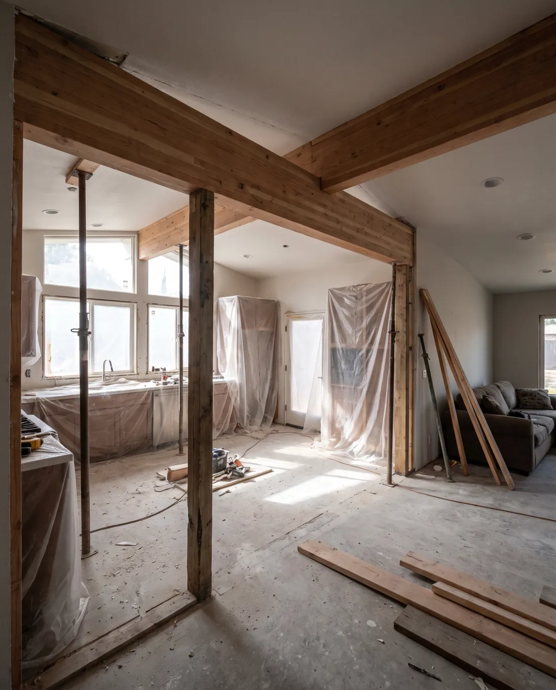 New glulam beam and temporary shoring after a load-bearing wall was removed