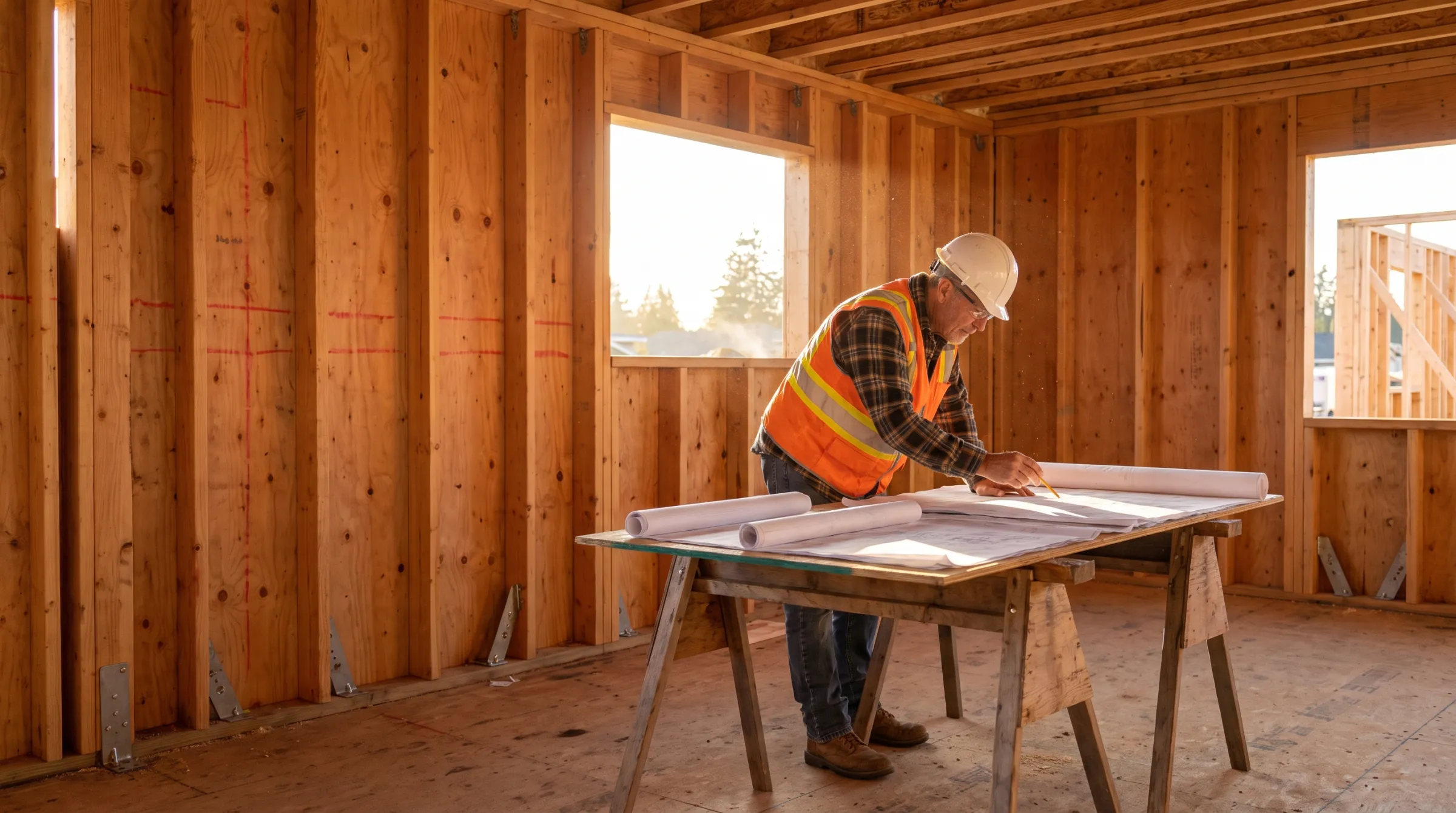 Structural engineer reviewing drawings inside a newly framed home