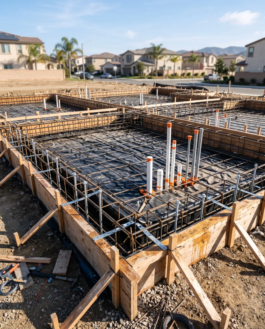 Rebar, anchor bolts, and forms ready for a residential foundation pour