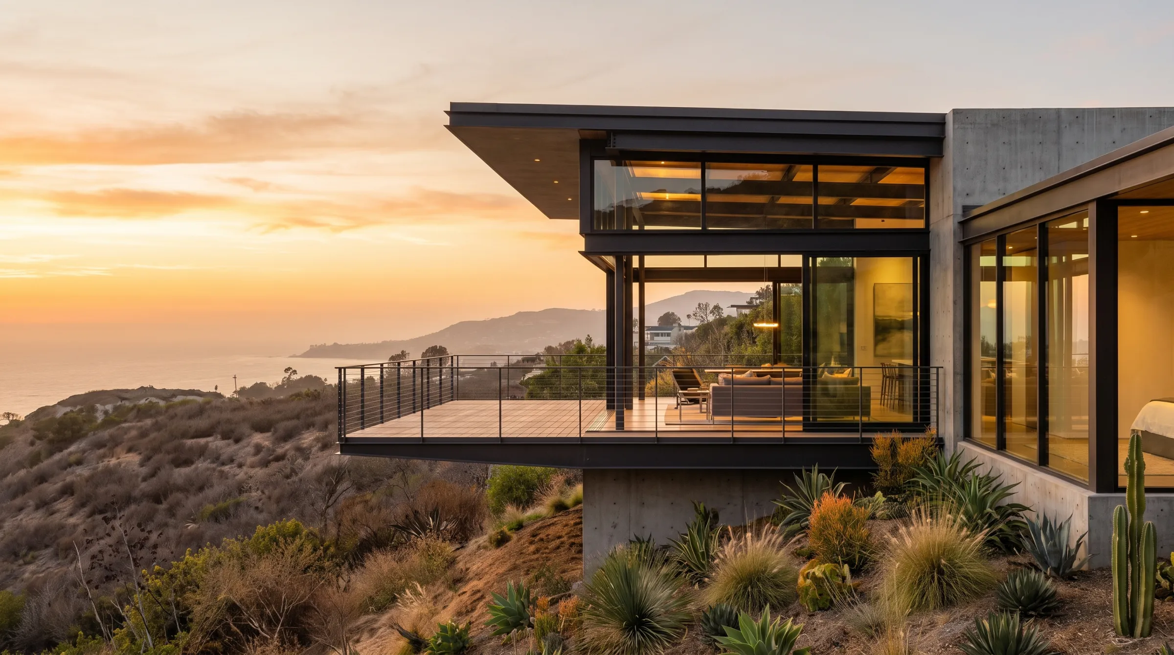 Modern hillside home with a cantilevered steel and concrete deck overlooking the Southern California coast at sunset