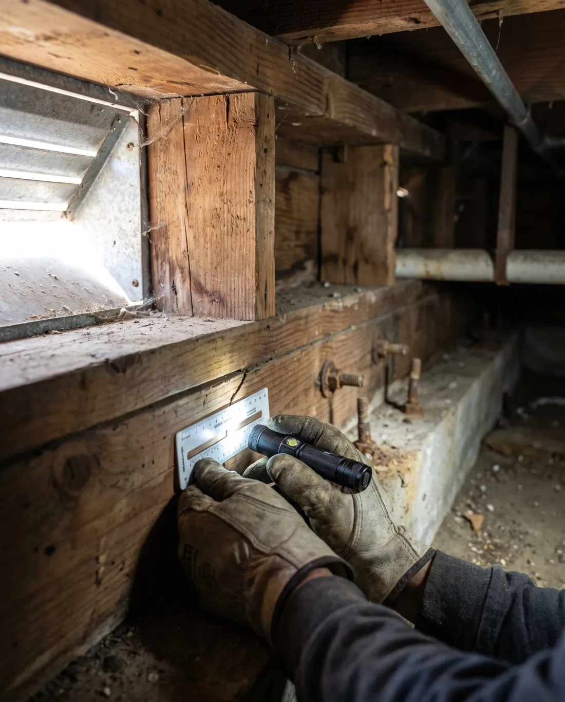 Engineer measuring a crack in a raised wood foundation with a crack gauge