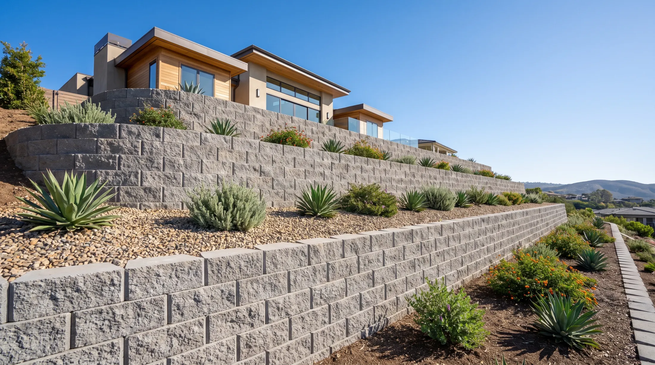 Engineered retaining wall supporting an Orange County property