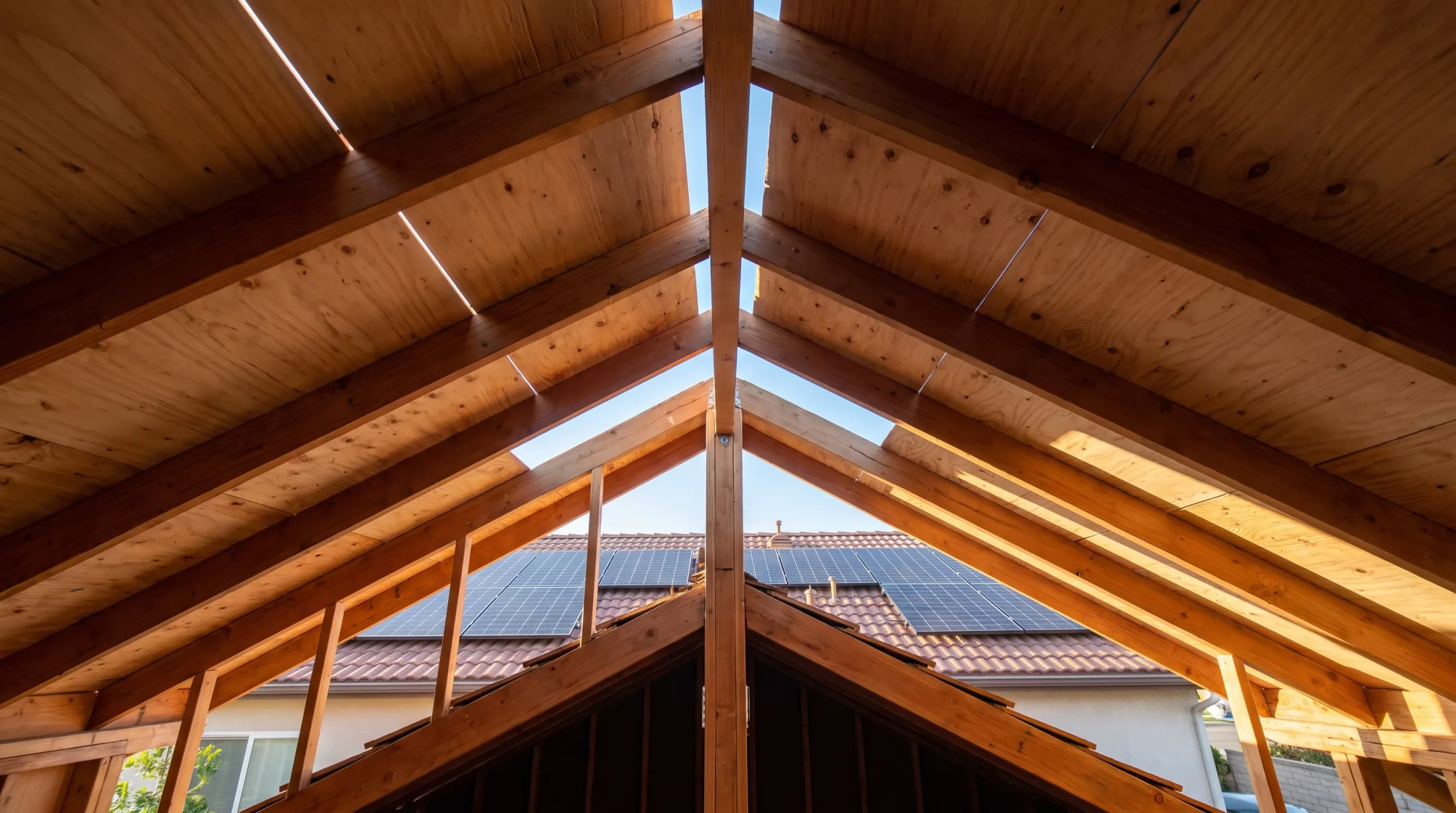 Roof framing and structural connections on an Orange County building