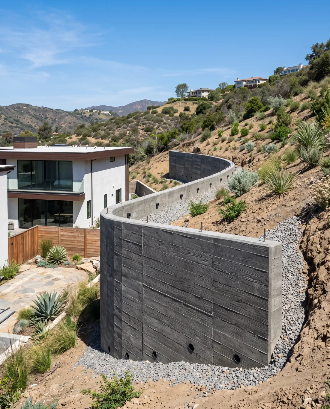 Board-formed concrete retaining wall cut into a hillside behind a modern home